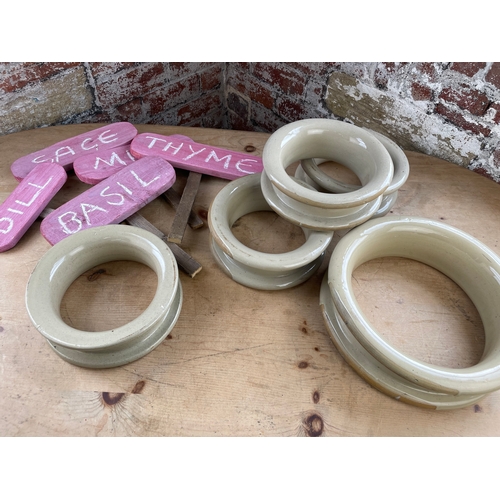 299 - Ceramic Pylon Insulator Rings, Stoneware Herb Rings & Signs