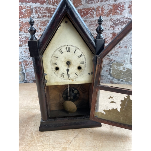 190 - Gothic Tower Style Mantle Clock With Hand Painted Glass