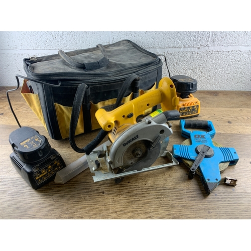 296 - Dewalt DW936 18V Circular Saw with 2 Batteries, Chargers 30m Ox Tape, Bag etc.