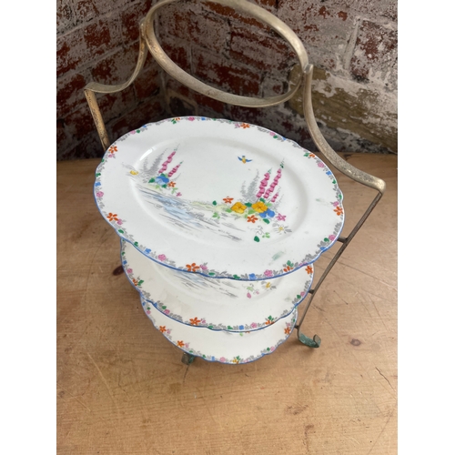 95 - Vintage Metal & Ceramic Three Tier Cake Stand