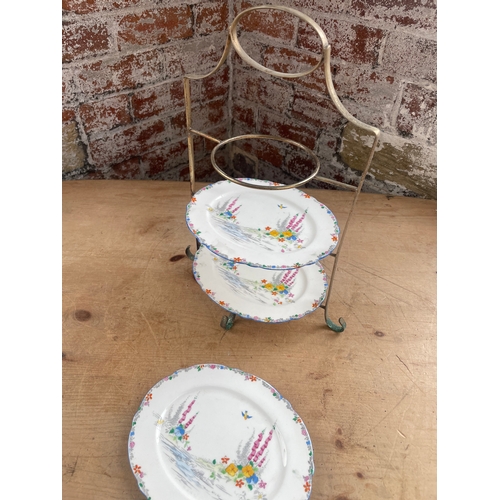 95 - Vintage Metal & Ceramic Three Tier Cake Stand