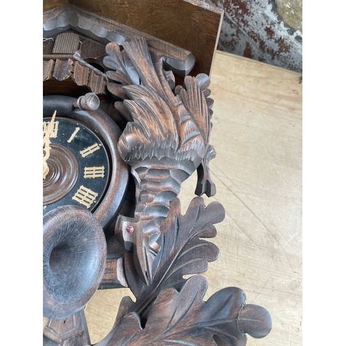 196 - German Carved Wood, Musical Hunting Cuckoo Clock