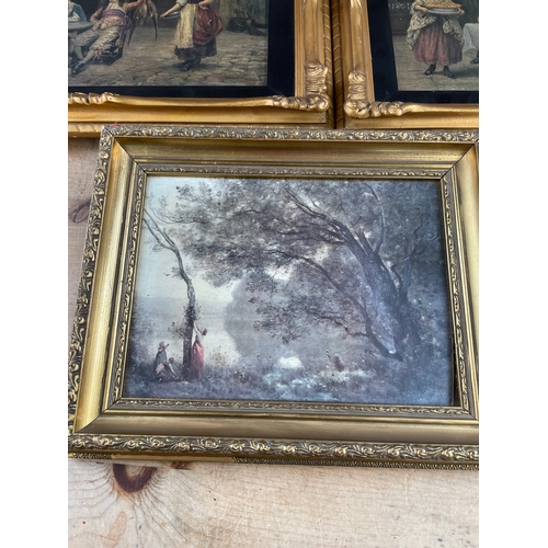 332 - Three Vintage Prints On Canvas In Nice Frames