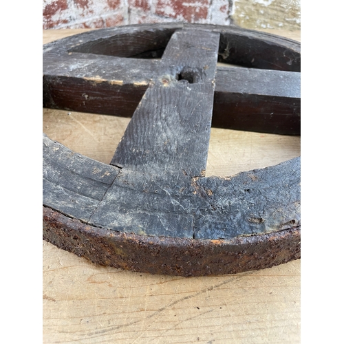 181 - Antique Iron Rim Wooden Cart Wheel