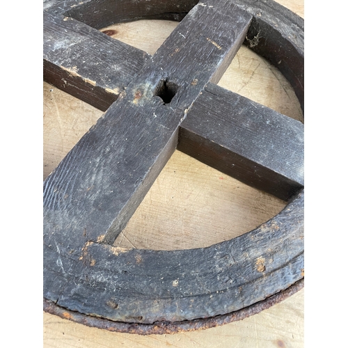 181 - Antique Iron Rim Wooden Cart Wheel