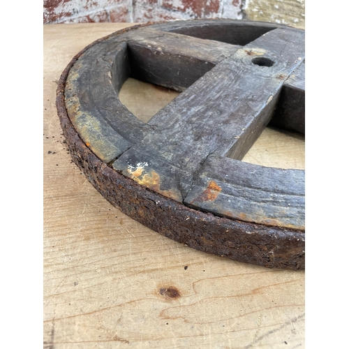 182 - Antique Iron Rim Wooden Cart Wheel