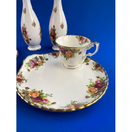 265 - Royal Albert Old Country Roses Sandwich Set, Bud Vases & American Beauty Plate