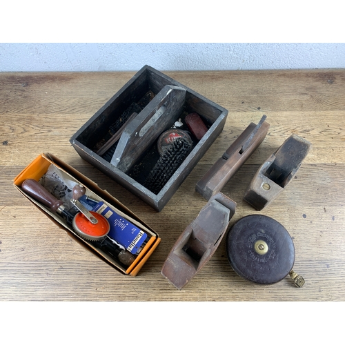 290 - Three Vintage Planes, Chesterman Tape Measure, Stanley Hand Drill, Ratchet Brace and Vintage Shoe Sh... 