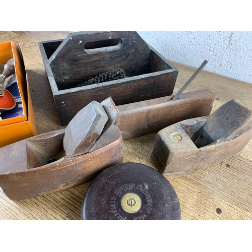 290 - Three Vintage Planes, Chesterman Tape Measure, Stanley Hand Drill, Ratchet Brace and Vintage Shoe Sh... 