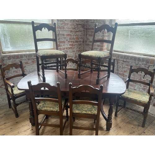 427 - Huge reproduction Period Oak Style Dining Table With 8 Chairs & Two Carvers. Extends to 237cm From 1... 