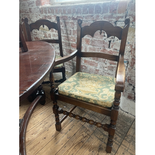 427 - Huge reproduction Period Oak Style Dining Table With 8 Chairs & Two Carvers. Extends to 237cm From 1... 