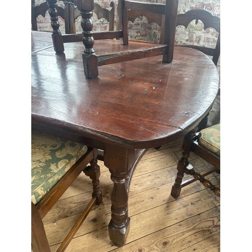 427 - Huge reproduction Period Oak Style Dining Table With 8 Chairs & Two Carvers. Extends to 237cm From 1... 