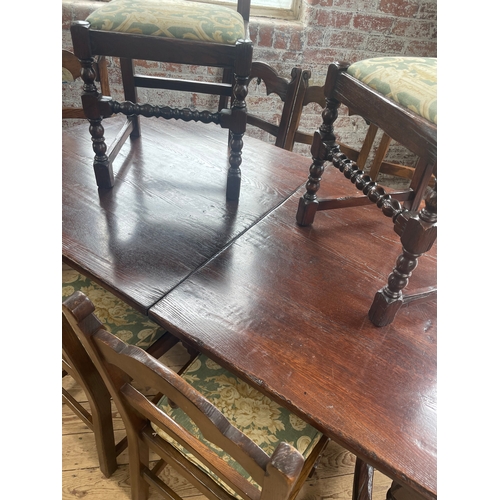 427 - Huge reproduction Period Oak Style Dining Table With 8 Chairs & Two Carvers. Extends to 237cm From 1... 