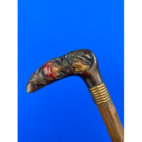 32A - Vintage Carved Wooden Mechanical, Chattering Walking Stick. Chins Wag When The button Is Pressed.