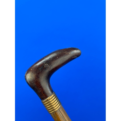 32A - Vintage Carved Wooden Mechanical, Chattering Walking Stick. Chins Wag When The button Is Pressed.