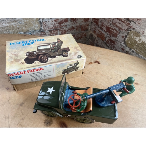 116 - Japanese Tinplate Battery Operated Dessert Patrol Jeep By Modern Toys. Boxed In Good Condition.