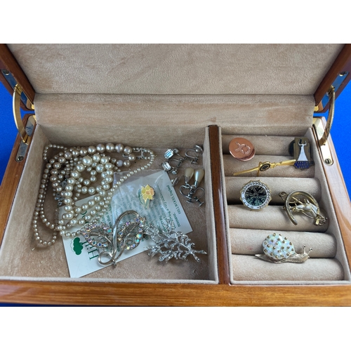 52 - Good Quality Wooden Jewellery Box With Brooches, Badges & Faux Pearls