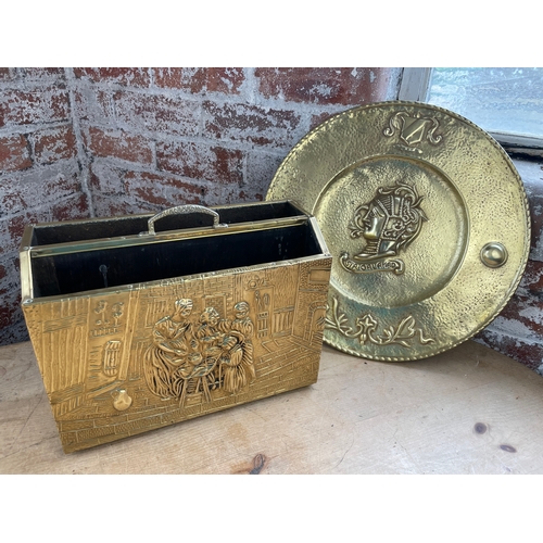 110 - Brass Repousse Magazine Rack & Sir Galahad Charger Wall Plaque