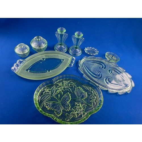 202 - Art Deco Green Glass Dressing Table Items