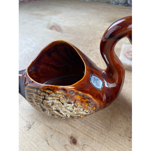 58 - Two Alabaster Urns & Three Items Of Treacle Glaze Pottery By Kernewek Potteery.