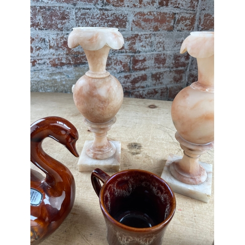 58 - Two Alabaster Urns & Three Items Of Treacle Glaze Pottery By Kernewek Potteery.