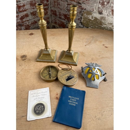 69 - Small Collectables Inc. Brass Titanic Compass, Candlesticks & AA Car Grille Badge.