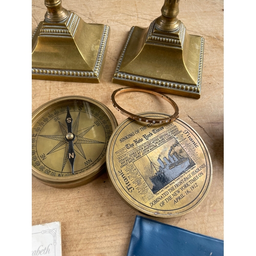 69 - Small Collectables Inc. Brass Titanic Compass, Candlesticks & AA Car Grille Badge.