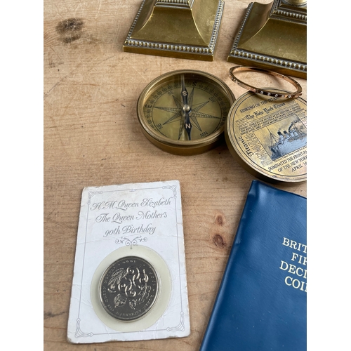 69 - Small Collectables Inc. Brass Titanic Compass, Candlesticks & AA Car Grille Badge.