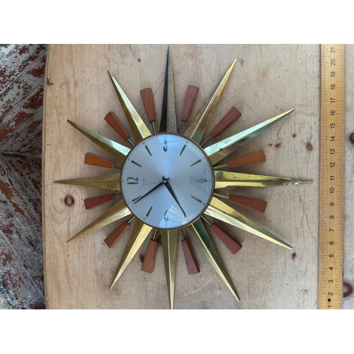 30 - Metamec Sunburst Mid Century Wall Clock With Brass & Teak Rays