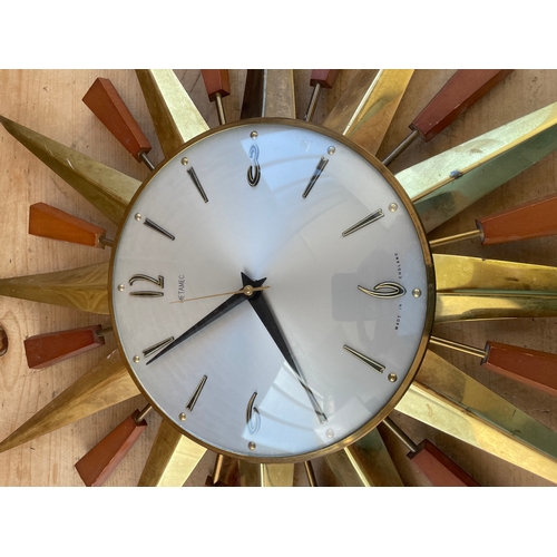 30 - Metamec Sunburst Mid Century Wall Clock With Brass & Teak Rays