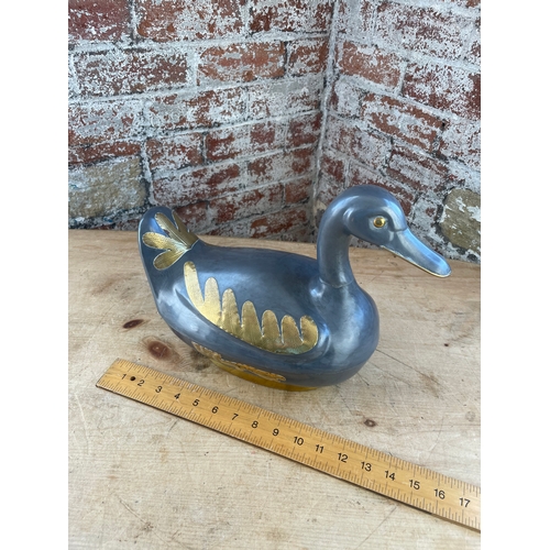 76 - Large Heavy Pewter & Brass Duck