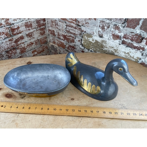 76 - Large Heavy Pewter & Brass Duck