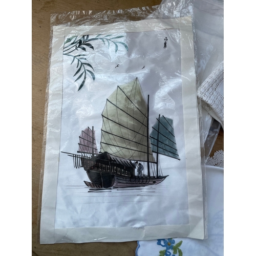 329 - Vintage & Antique Linen, Drawnwork, Needlework, Embroidered. Inc. Chinese Hand Painted Junk On Silk