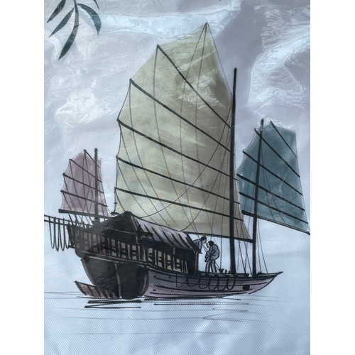 329 - Vintage & Antique Linen, Drawnwork, Needlework, Embroidered. Inc. Chinese Hand Painted Junk On Silk