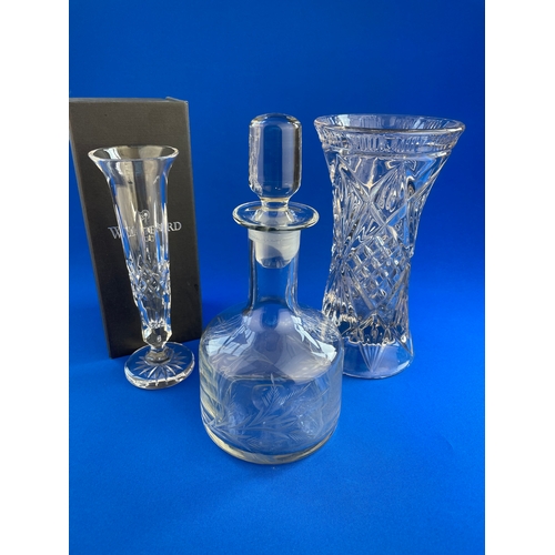 205 - Blown & Etched Decanter With Waterford Crystal Vase (Boxed) & Pressed Crystal Vase