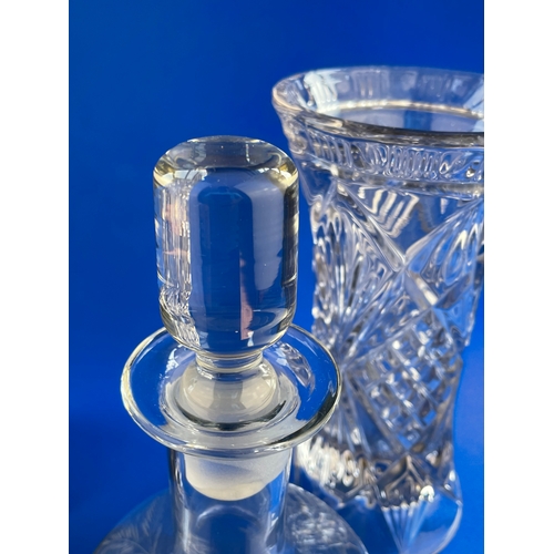 205 - Blown & Etched Decanter With Waterford Crystal Vase (Boxed) & Pressed Crystal Vase