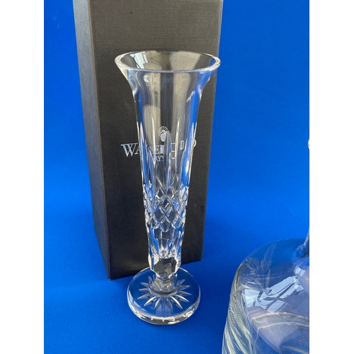 205 - Blown & Etched Decanter With Waterford Crystal Vase (Boxed) & Pressed Crystal Vase