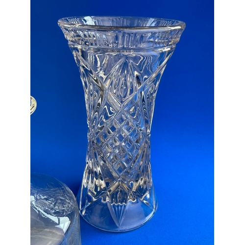 205 - Blown & Etched Decanter With Waterford Crystal Vase (Boxed) & Pressed Crystal Vase