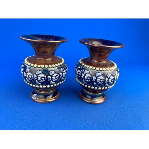 247 - Pair Of Doulton Lambeth Miniature Urn Shape Vases c1910 Signed Rosina Brown