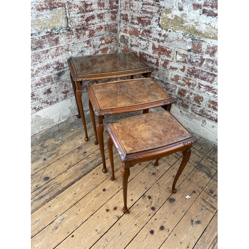 387 - Vintage Nest Of Tables With Burr Walnut Finish & Glass Tops