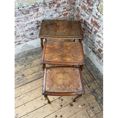 387 - Vintage Nest Of Tables With Burr Walnut Finish & Glass Tops