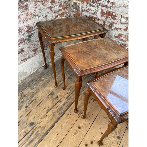 387 - Vintage Nest Of Tables With Burr Walnut Finish & Glass Tops