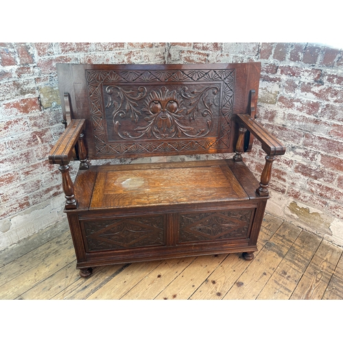 407 - Carved Oak Monks Bench