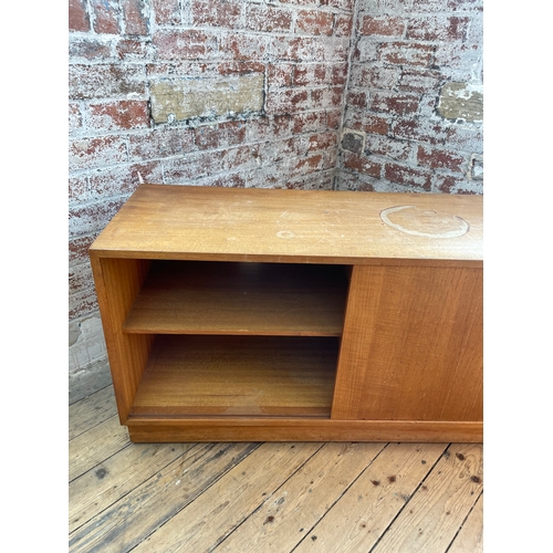 408 - Danish Mid Century Teak Low Sideboard Media Cabinet TV Stand. One Drawer Has No Base & Top Needs Att... 