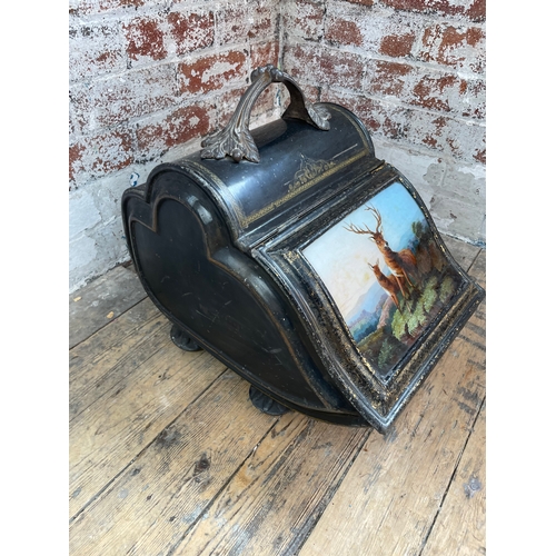 147 - Victorian Japaned Steel Coal Scuttle With Deers