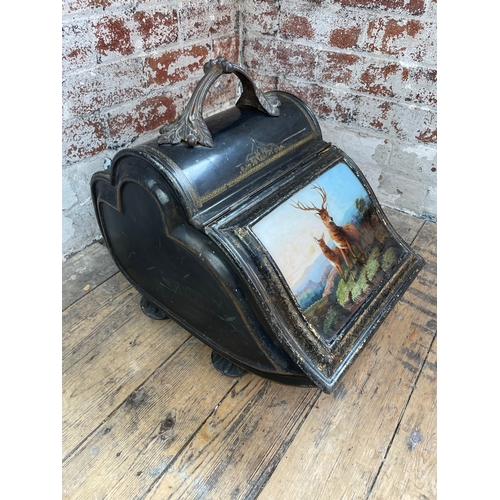 147 - Victorian Japaned Steel Coal Scuttle With Deers