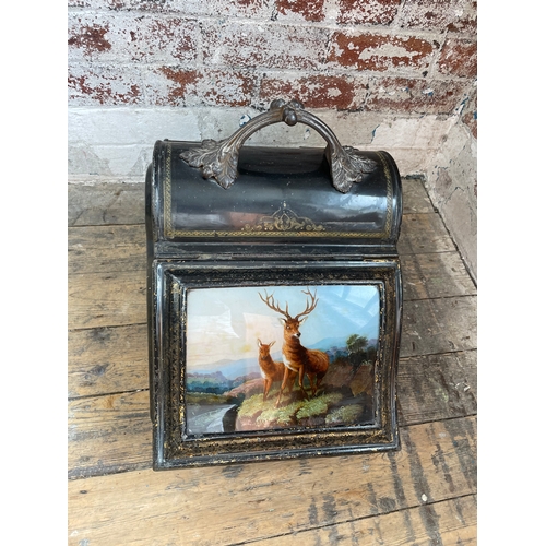 147 - Victorian Japaned Steel Coal Scuttle With Deers