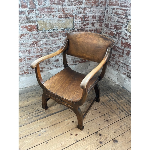 396 - Antique Continental Style Cross Leg Arm Chair With Later Bent Wood Seat