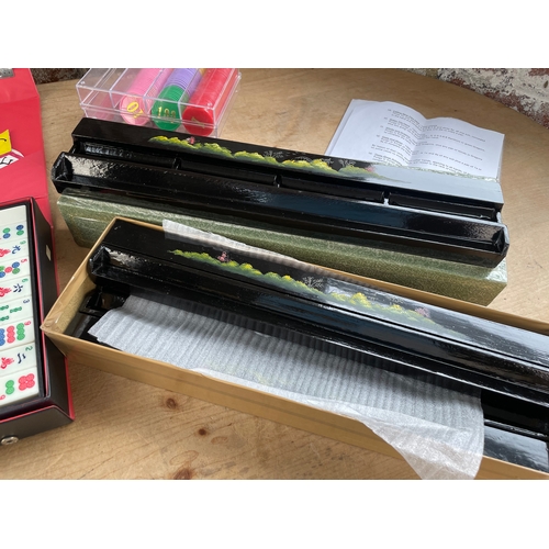 238 - Dragon Brand Mah Jong Set With Lacquered Tile Holders & Poker Chips.