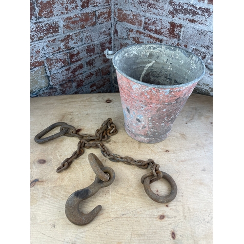 320 - Vintage Galvanised Bucket, Chains & Hooks